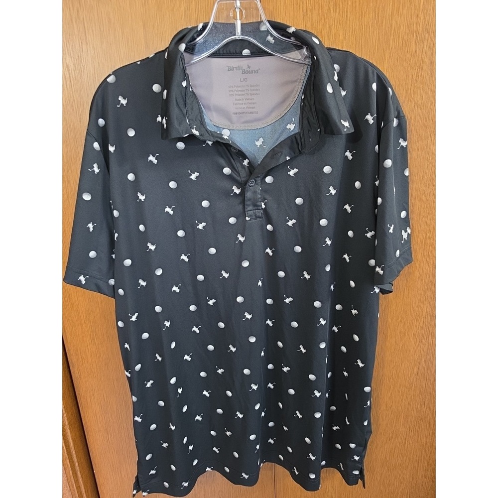 Birdie Bound Performance Golf Polo Shirt Men's L Black Bird & Golf Ball Print